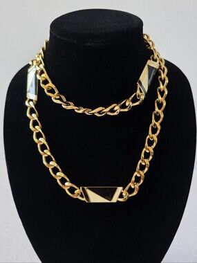 Monet Chunky Vintage  Black Cream Enamel Gold Chain Necklace 80s Statement Heavy